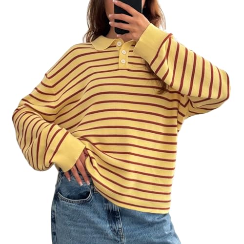 Women Oversized Striped Polo Sweatshirt Collared Long Sleeve Preppy Sweater Pullover Vintage Aesthetic Rugby Shirts