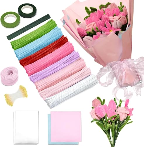 IJIAMY 500 Stück Pfeifenreiniger Blumen Set Pfeifenputzer Blumen Zum Basteln Mit Grüne Blumenstöcke Klebebandrollen Klebestifte (Rosa)