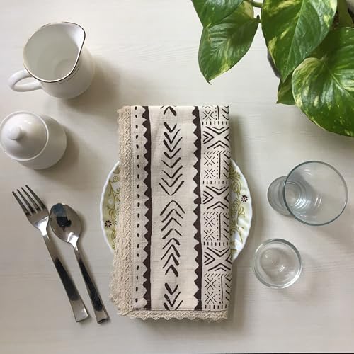 Image of FINGERCRAFT Printed Cloth Napkins, Mud Cloth, 20x20 Inch, Set of 6 | Cotton Linen Blend Fabric, Classic Lace, Durable and Good Absorbency, For Home, Hotels, Parties