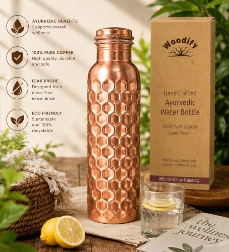 Image of 100% Pure Copper Water bottle 32 Oz with Cleaning brush, Diamond Design | Drink More Water, Lower Your Sugar Intake And Enjoy the Health Benefits immediately