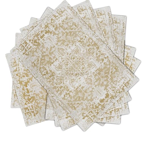 Image of Gray Tan Boho Placemats Set of 6 Ethnic Bohemian Carpet Place Mats Washable Kitchen Dining Vintage Grey Geography Floral Linen Table Mats Stain Heat-Resistant for Home Party Indoor 12x18 in