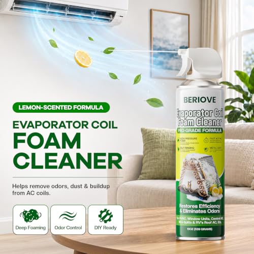 Image of BERlOVE Foaming AC Coil Cleaner: Long - Lasting Foam, Quick Dust Removal, Ideal for Dust & Grease Removal on Evaporator Coils & Condensers, Suited for HVAC Technicians & DIY Use 19oz