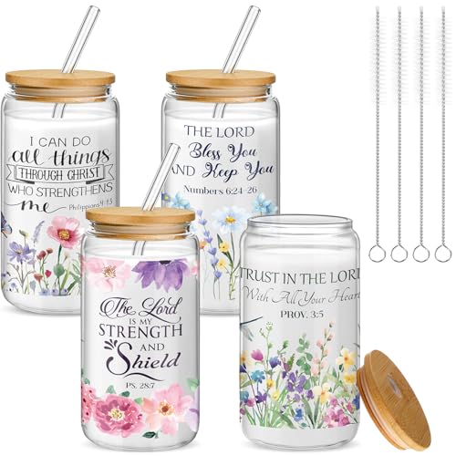 Mumufy 4 Pack Christian Gifts for Women Set Bible Verse 16oz Glass Tumblers with Straw, Inspirational Prayer Affirmation Cups, Religious & Spiritual Gift for Mom Wife Sister or Friends for Christmas