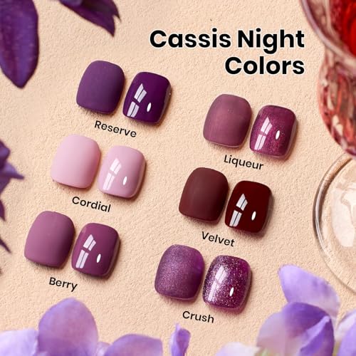 Image of Beetles Purple Gel Nail Polish - HEMA-Free 15ML Full Size 6 Colors Dark Purple Glitter Shimmer Color Gel Nail Polish Set Cassis Night Collection Kit with Swatch Card Home Salon Soak Off UV LED Gifts