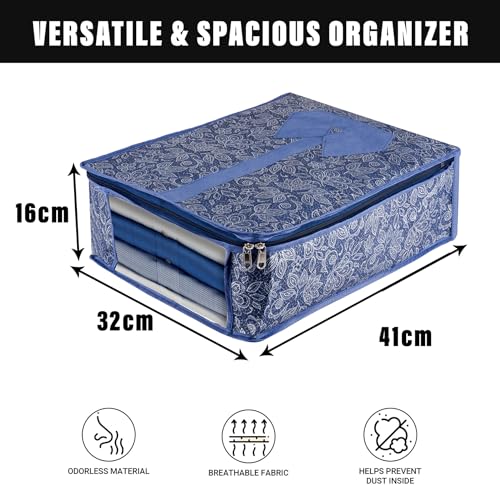 Image of Kuber Industries Pack of 3 Shirt Storage Bag | Shirt Organizer for Closet | Visible Window Shirt Bag | Wardrobe Storage Bag | Clothes Storage Bag | Flower Printed Shirt Cover | Navy Blue
