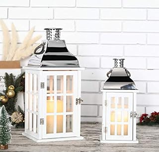 JHY DESIGN Set of 2 Vintage Hanging Lantern 45.5cm & 30.5cm High Decorative Candle Lanterns Wood and Stainless Steel Lanterns for Candles Indoor Outdoor Balcony Garden Parties Weddings Vintage Style