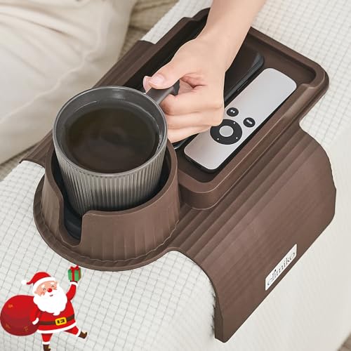 Couch Cup Holder Tray, Elimiko Silicone Sofa Drink Holder with Large Cup Holder and Tray, for Oversized Mugs/Long Remote/Snacks/Cellphone (Mocha Brown)