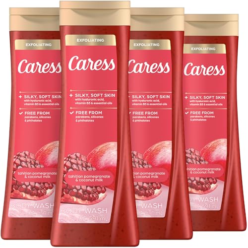 Image of Caress Tahitian Pomegranate & Coconut Milk Exfoliating Scrub Body Wash with Hyaluronic Acid & Vitamin B3 for Moisturized, Silky Soft Skin, Long-Lasting Fragrance, 20 fl oz (4 Pack)