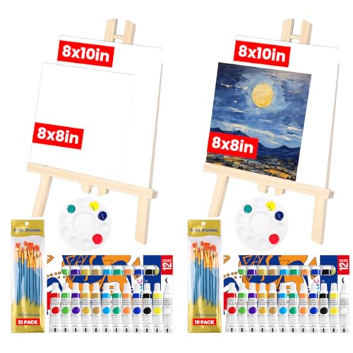 52 Pack Canvas Painting Kits for Kids Adults, 2 Set 12 Color Acrylic Paint Canvas and Easel Set for Party, 8 x 10in and 8 x 8in Canvas Paint Party Supplies Kit for Painting