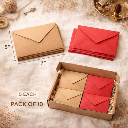 Image of Celebrations Vintage Brown & Red Kraft Paper Envelope Combo Set, Antique Style Retro Envelopes for Wedding Invitations, Greeting Cards, Valentine's Day, Letters & Journaling Pack Of 10