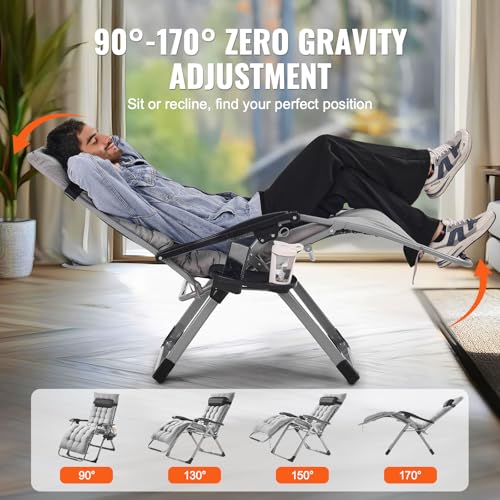 Image of VEVOR Zero Gravity Chair, 26 inch Zero Gravity Recliner Lounge Chair for Indoor and Outdoor, Adjustable Anti Gravity Chair with Cushion, Headrest, Footrest, and Cupholder, 500 lbs, Gray