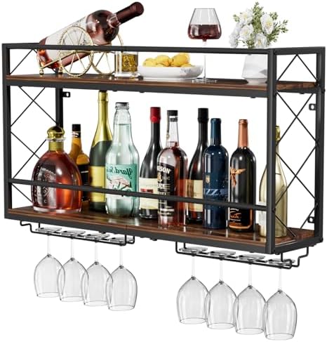 Wine Rack Wall Mounted 2 Tier Wall Wine Rack with Glass Holder, D...