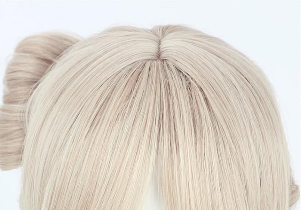 Beige Short Hair Wig Center Parted French Bangs Clip Bow Wig Micro Curly Wig cos anime show simulation wig 40cm 15inch (Ningguang)