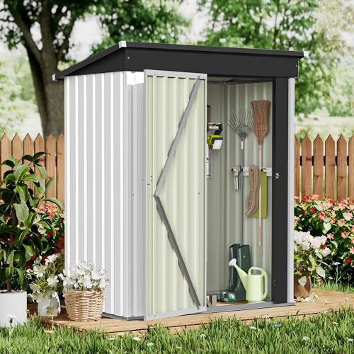 Image of GUNJI 5 x 3 FT Outdoor Metal Storage Shed, Outside Garden Shed with Lockable Door, Waterproof Tool Shed for Backyard, Patio, Lawn (White)