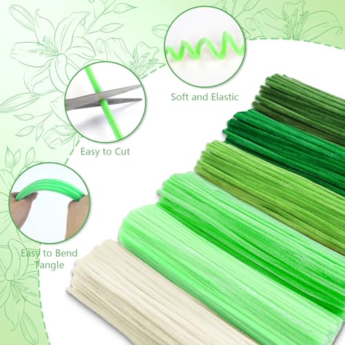 Image of 400 Pcs Pipe Cleaners, Pipe Cleaners Craft, Pipe Cleaner Flowers Crafting | 6 Colors Cleaner with 20 pieces Green Craft thread, Ribbon, Tape,DIY Art and Craft Projects Creative Gift (Green)
