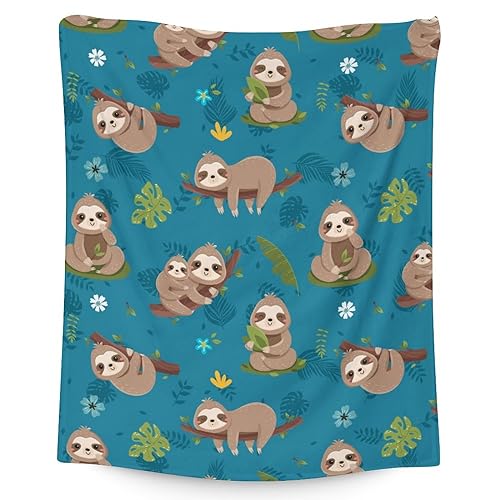 Sloth Blanket Gifts for Sloth Lovers - 30x40 Inches Lap Size - Soft Furry Plush Throws - Teal Cute Blankets for Bed