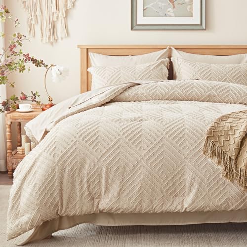 Zzlpp Queen Comforter Set 7 Pieces, Beige Bed in a Bag Queen Size, Tufted Boho Bedding Set with 1 Comforter, 2 Pillow Shams, 2 Pillowcases, 1 Flat Sheet, 1 Fitted Sheet