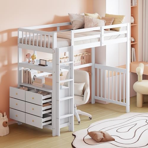 Oxtao Letto a castello 90 x 200 cm, con scala verticale di sicurezza, 6 cassetti e ripiani, design a recinzione, rete a doghe, letto singolo in legno, per ragazzi e ragazze (bianco, 90 x 200 cm)