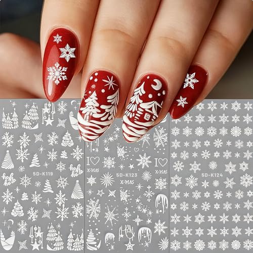 RUISPEED Geprägte Schneeflocken-Nagelsticker 5D große selbstklebende Aufkleber mit weißem Weihnachtsbaum Weihnachts-Nageldesign für DIY Maniküre 3 Blatt