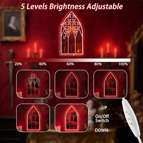 Image of Gothic Window Mirror Neon Sign, Red LED Wall Light - Medieval Cathedral Style Home Decor for Bedroom, Living Room, Bar, Church Events, Gothic Party Backdrop 16.5″ x 9.6″