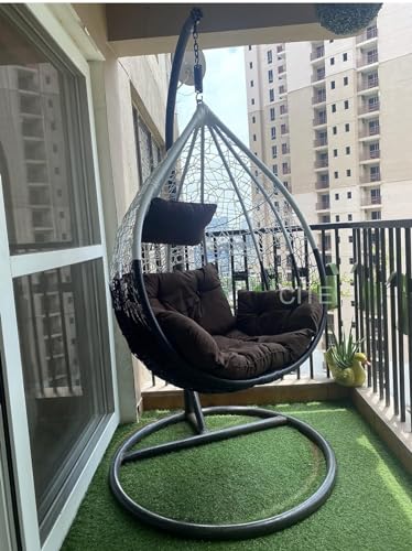 Image of Rattan Single Seater Swing Chair with Stand and Cushion Hammock Swing for Adult Outdoor Indoor Garden Living Room Balcony Hanging Chair (White & Brown)