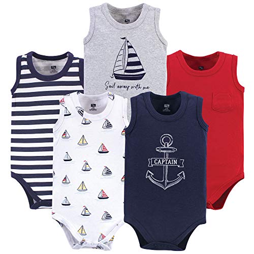 Image of Hudson baby Boys' Sleeveless Cotton Bodysuits, 5 Pack,