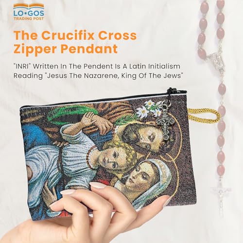 Image of TREE OF LIFE REV. 22:14 Catholic Rosary Pouch, Holy Family & God is Love, 4 inch x 6 inch Jewelry & Coin Purse with Cross, Small Woven Tapestry Icon Bag, Bolsa de Rosario Catolico para Joyeria