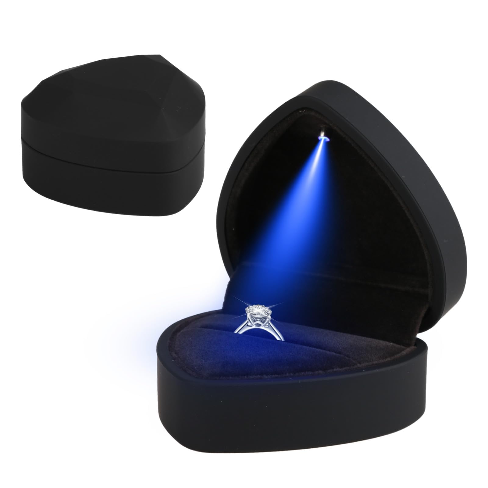 IBEIKEIBEIKE Ring Box with Light, Engagement Ring Box Creative Diamond Heart-Shaped Velvet Ring Boxes for Proposal Wedding, The Perfect Way to Display Jewellery Case Ring Storage (Black)
