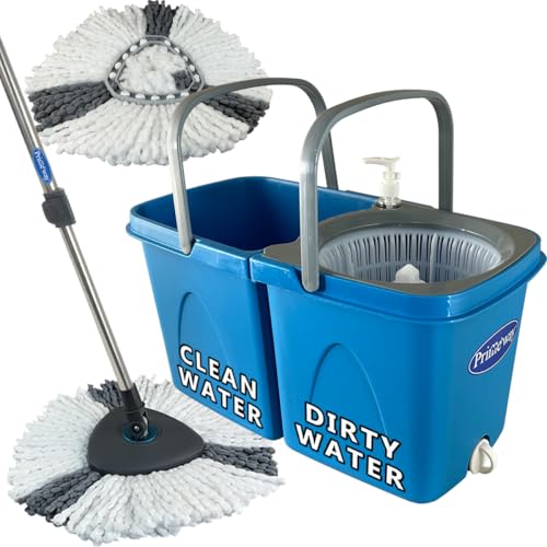 Image of Primeway Plastic XL 360 Rotating Spin Twin Bucket Floor Mop for Clean and Dirty Water with 2 Triangular Microfibre Refills 36cm | New Hydraulic 130cm Handle | 6 LTR | Blue