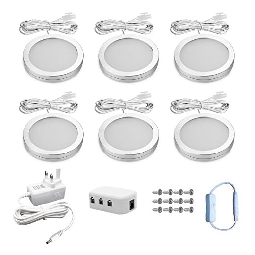 MIYOU YOUMI Uppsättning av 6 LED underskåp lampa 2 W, DC 12 V, 1140 lumen LED belysning under skåp, 6 000 K dagsljus vit, alla tillbehör ingår, kök, garderobslampor