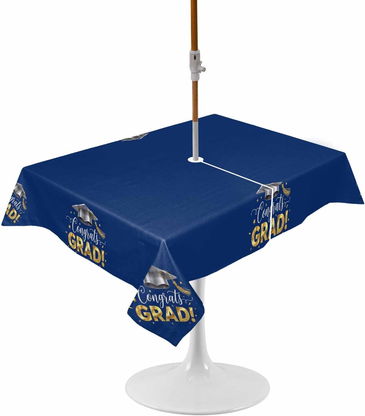 Graduats Grad Rectangle Outdoor Tablecloth, Waterproof Table Cloth Cover with Umbrella Hole and Zipper, Academic Cap Navy Blue Background Table Protector for Patio Party Picnic 60"x102"