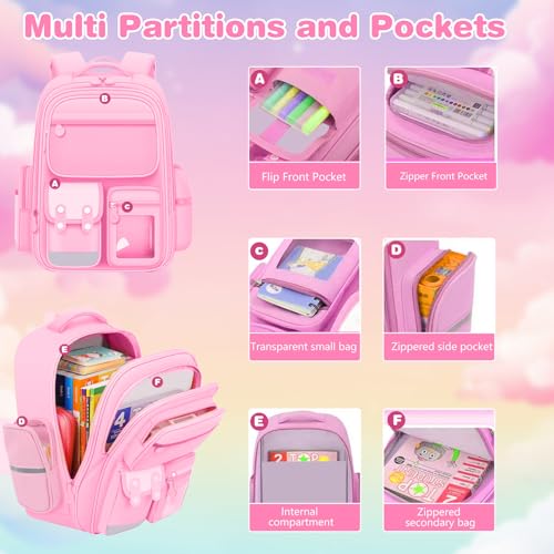 School Bags for Girls with Stationery Set, Large Capacity Kids Backpack Rucksack for Primary School, Lightweight Pink Back Pack Bag for 8-10 Years Old(Girls, Pink A) - Image 2