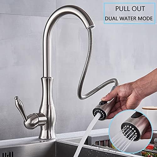 Kitchen Sink Faucet for Bar Farmhouse Commercial, Brass Kitchen Faucet, 5 Color Rotation High Arch Kitchen Sink Faucet, Pull Out Sprayer Hot Cold Water Mixer Tap (Color : Brushed Kitchen Tap)