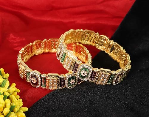 Image of NMII Royal Golden Metal Bangles Set For Women & Girls with Zircon Diamond Stone | Traditional Gold Plated Kangan Set | Fancy Women's Fashion Jewellery Bangles | Wedding, Party, Festive- Set of 2