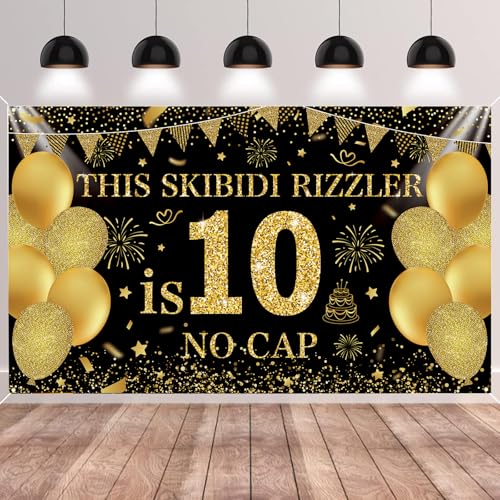 Image of Black Gold This Skibidi Rizzler is 10 No Cap Happy Birthday Backdrop Banner Photography Background Decorations for Boys Girls 10th Year Bday Party Accessories Supplies 72.8 * 43.3in