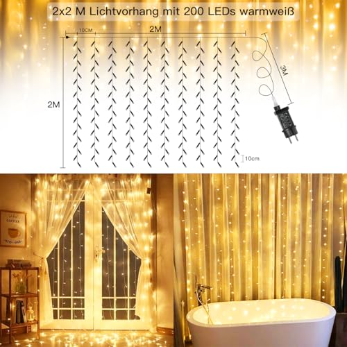 Ollny LED Lichtervorhang 2x2m, 200 LEDs Lichtervorhang Innen Stecker warmweiß 8 Modi mit Timer & Dimmbar, Lichterkette Vorhang Fenster, IP44 für Außen Ramadan Deko Hochzeit Party Wand Balkon