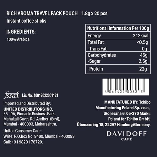 Image of Davidoff Rich Aroma Instant Coffee Travel Pack, 10 /12 Intensity - 100% Arabica, 1.8g x 20 sachets