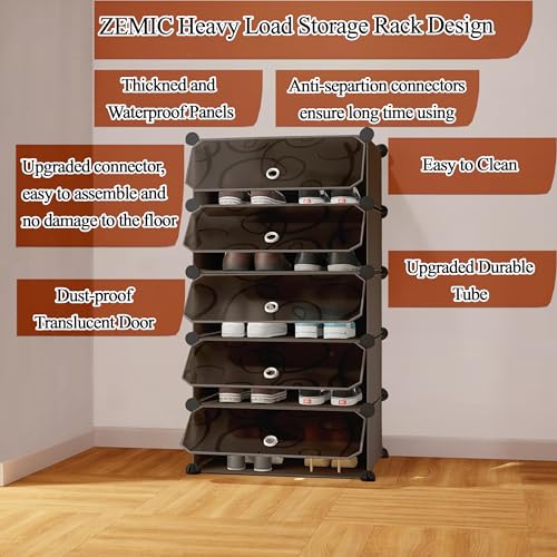 Image of Zemic 5 Shelf DIY Shoe Rack Plastic ^ Multi-Purpose Plastic Shoe Rack for Home Plastic Shelves, PP Plastic Home Shoe Rack with Door for Entryway, Chappal Slipper Shoe Stand (Black, 5-Shelf-5-Door) | DIY