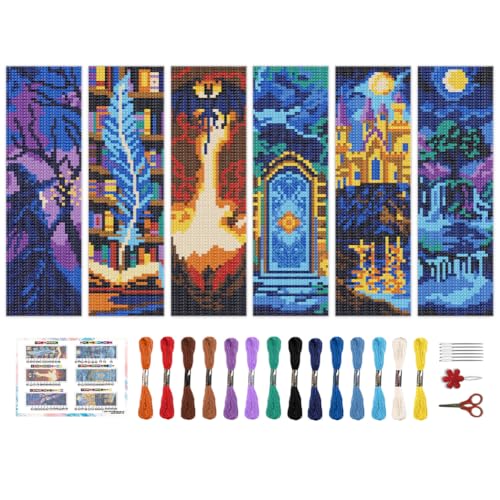 Image of BEUNITONE 6 PCS Cross Stitch Bookmark Kit for Adults Beginners,Fairy Tale Scene Pre-Printed Cross Stitch,DIY Stamped Embroidery Bookmark Kits,with Instructions,Craft Kit for Book Lovers 8.5''x3''