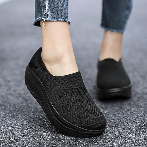 Image of Women's Knitted Platform Slip On Walking Sneakers,Comfort Lightweight Arch Support Non Slip Casual Mesh Breathable Workout Work Shoes
