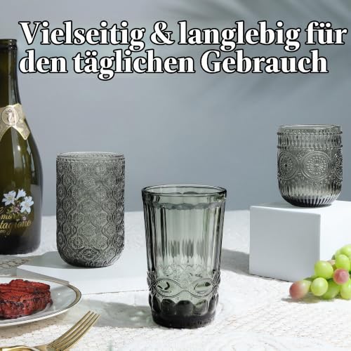 Joeyan Vintage Grau Trinkgläser 4er-Set,330ml Bunt Wassergläser mit Relief – Ansicht 4