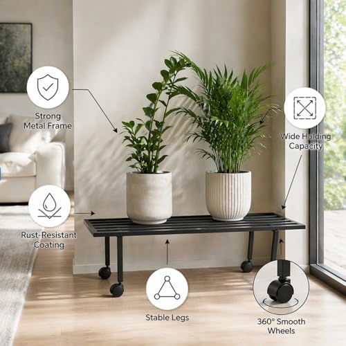 Image of ecofynd Scot 35 Inch Plant Stand with Wheels for Outdoor Balcony, Flower Pot Stand for Indoor Plants, Metal Plant Stand for Living Room, Home decor, Indoor & Outdoor plants, 1 Tier (2 Pack, PS051-BLK)