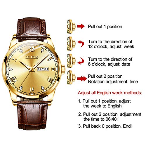 Image of OLEVS Brown Mens Leather Watch Dress Casual Day Date Quartz Wrist Watch