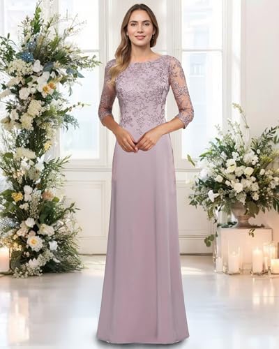 Women's Chiffon Mother of The Bride Dresses - Half Sleeve Lace Floor Length Formal Evening Dresses3