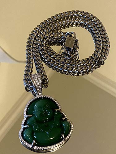 Smiling Happy Iced Laughing Buddha Green Jade Pendant Necklace Miami Cuban Chain Cz Box Lock, Genuine Certified Grade A Jadeite Jade Hand Crafted, Silver Jade Medallion 6mm 20" Cuban Choker2