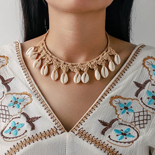 Chennie Boho Cowrie Shell Choker Necklace Khaki Handmade Adjustable Rope Necklaces Beach Seashell Chain For Women And Girls #TOP2