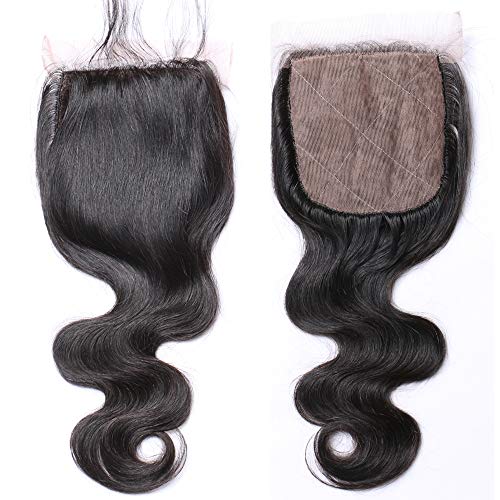 Derun Hair Body Wave Silk Base Top Closure Bleached Knots Free Part 4X4" Brazilian Virgin Human Hair closure Natural Color 14"