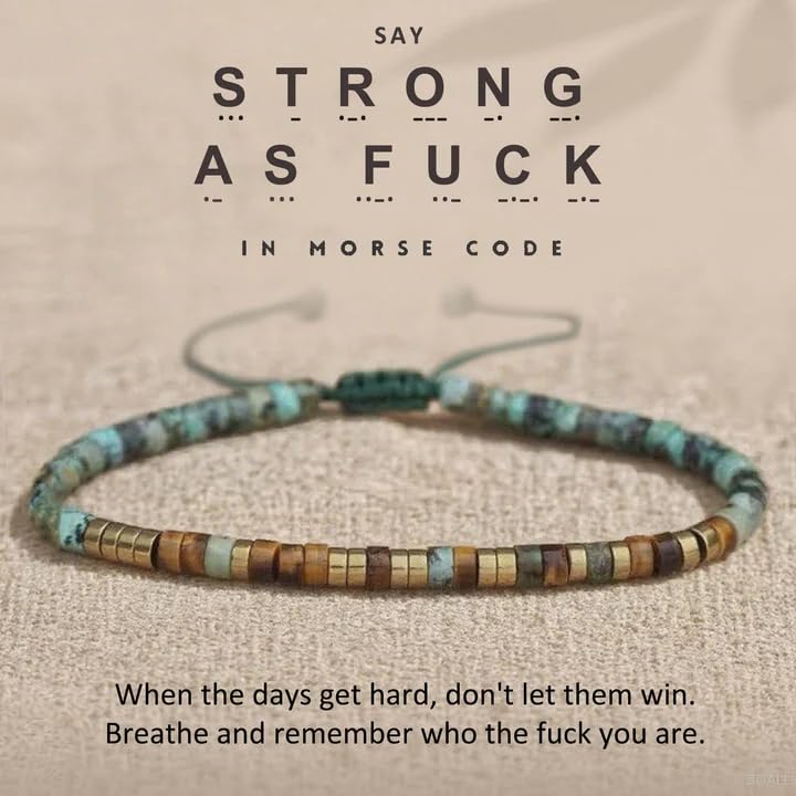 'Strong As Fuck' Morse Code Motivational Bracelet with African Turquoise Tiger Eye,Adjustable Natural Gemstone Morse Code Bracelets,Courage Power Stackable Bead Wrap Bracelets for Women2