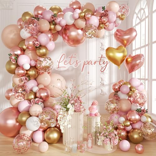 Image of Rose Gold Balloon Garland Arch Kit, 140Pcs Nude Pastel Pink Metallic Gold White Balloons Gold and Rose Gold Confetti Balloons with Heart Foil Balloon for Wedding Bridal Birthday Party Decorations