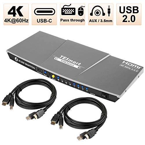 Tesmart Hdmi And Usb C Kvm Switch 4 Port Box, Uhd 4K@60Hz Rgb 4:4:4, Usb 2.0 Hub, Stereo Audio, Hotkey, Button Switching, Pc Keyboard Mouse Switcher For 3 Hdmi And 1 Usb-C Computers With 5Ft Cables #TOP1